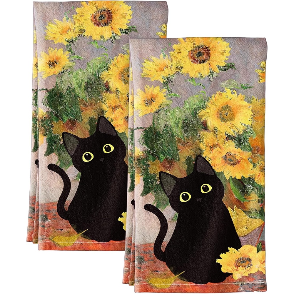 image:imageMiss Adola Flour Sack Kitchen Towels Set of 2 Cotton Dish Towels with Hanging Loop Decorative 18x26 Inch Absorbent Cute Design for Housewarming Gifts Retro FloralCat and Sunflower
