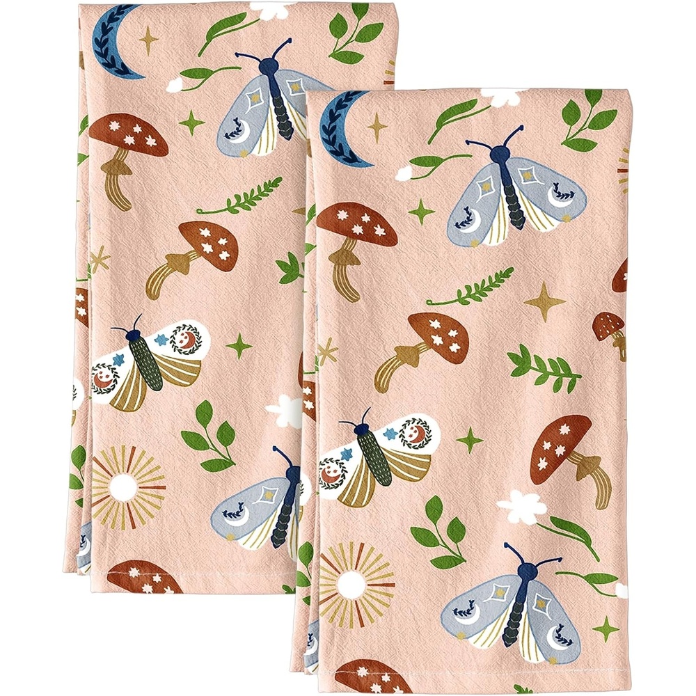 image:imageMiss Adola Flour Sack Kitchen Towels Set of 2 Cotton Dish Towels with Hanging Loop Decorative 18x26 Inch Absorbent Cute Design for Housewarming Gifts Retro FloralMushroom