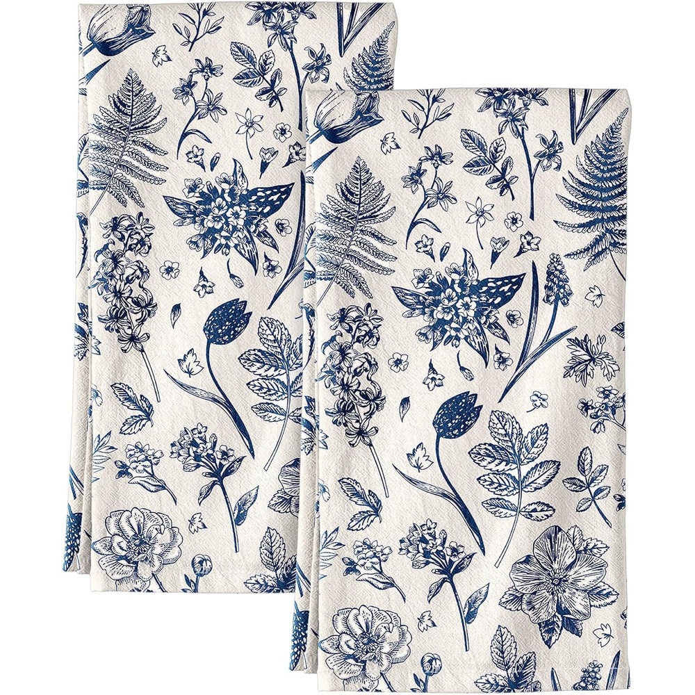 image:imageMiss Adola Flour Sack Kitchen Towels Set of 2 Cotton Dish Towels with Hanging Loop Decorative 18x26 Inch Absorbent Cute Design for Housewarming Gifts Retro FloralBlue and White