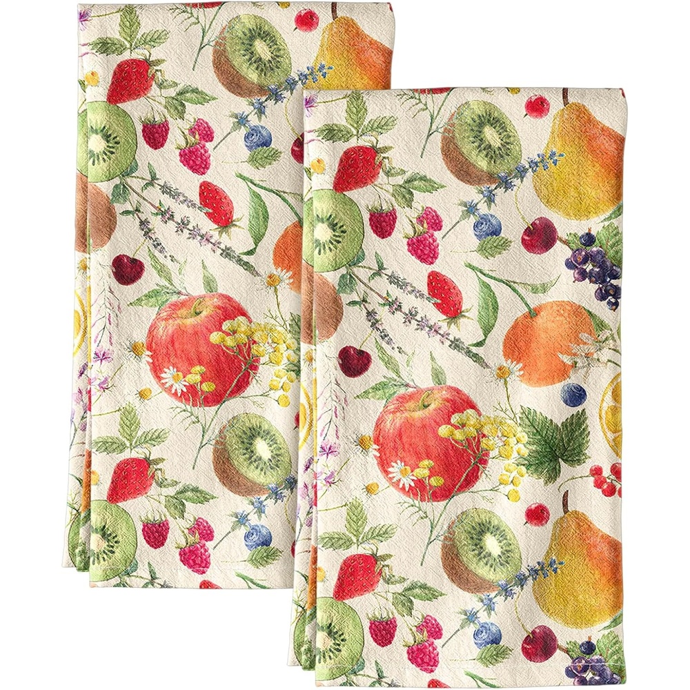 image:imageMiss Adola Flour Sack Kitchen Towels Set of 2 Cotton Dish Towels with Hanging Loop Decorative 18x26 Inch Absorbent Cute Design for Housewarming Gifts Retro FloralFruit Symphony