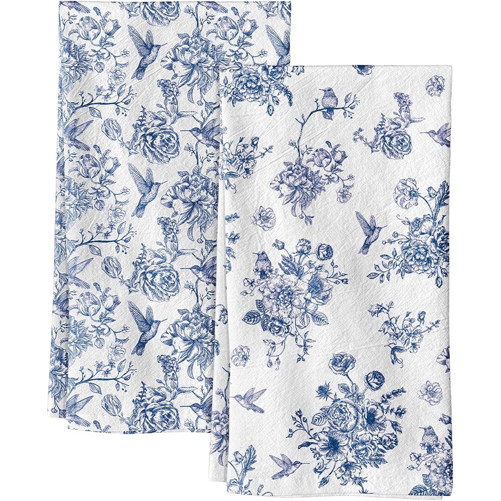 image:imageMiss Adola Flour Sack Tea Towels Set of 2 Chinoiserie Dish Towels with Hanging Loop 18x26 Inch Lightweight Cotton Kitchen Towels Lint Free Quick Dry Hand Towels Blue and White Decor HydrangeaBird