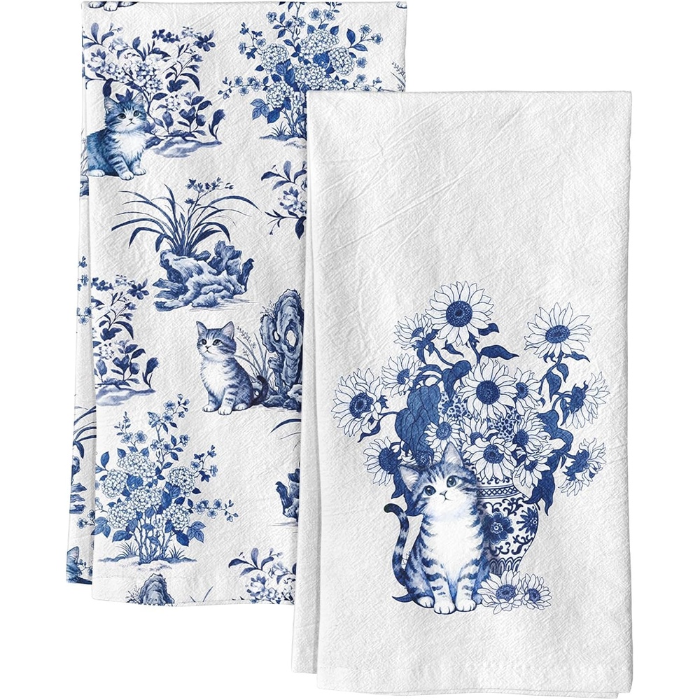 image:imageMiss Adola Flour Sack Tea Towels Set of 2 Chinoiserie Dish Towels with Hanging Loop 18x26 Inch Lightweight Cotton Kitchen Towels Lint Free Quick Dry Hand Towels Blue and White Decor HydrangeaCat