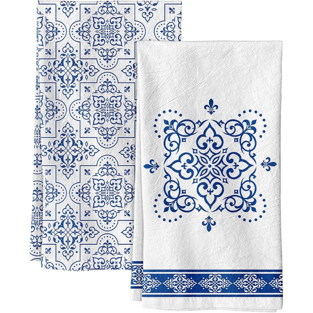 image:imageMiss Adola Flour Sack Tea Towels Set of 2 Chinoiserie Dish Towels with Hanging Loop 18x26 Inch Lightweight Cotton Kitchen Towels Lint Free Quick Dry Hand Towels Blue and White Decor HydrangeaLine