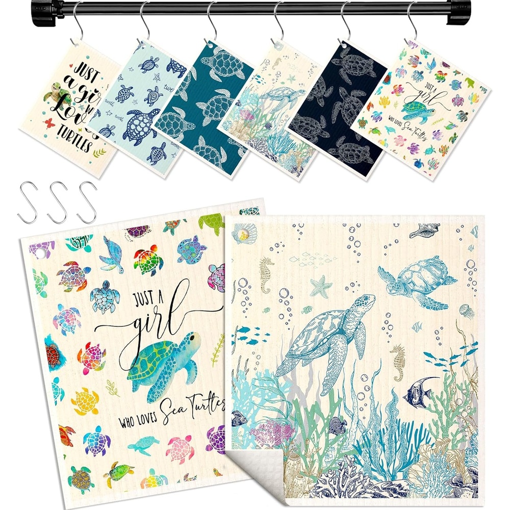 image:imageMiss Adola Kitchen Swedish Dishcloths with Hooks 6 Pack Reusable Dish Cloths for Washing Dishes Fast Drying Cute Fun Swedish Dish Towels Washable Cleaning Sponge Brown CoffeeCute Turtle