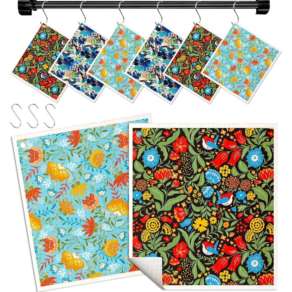 image:imageMiss Adola Kitchen Swedish Dishcloths with Hooks 6 Pack Reusable Dish Cloths for Washing Dishes Fast Drying Cute Fun Swedish Dish Towels Washable Cleaning Sponge Brown CoffeeFull Blown Flowers