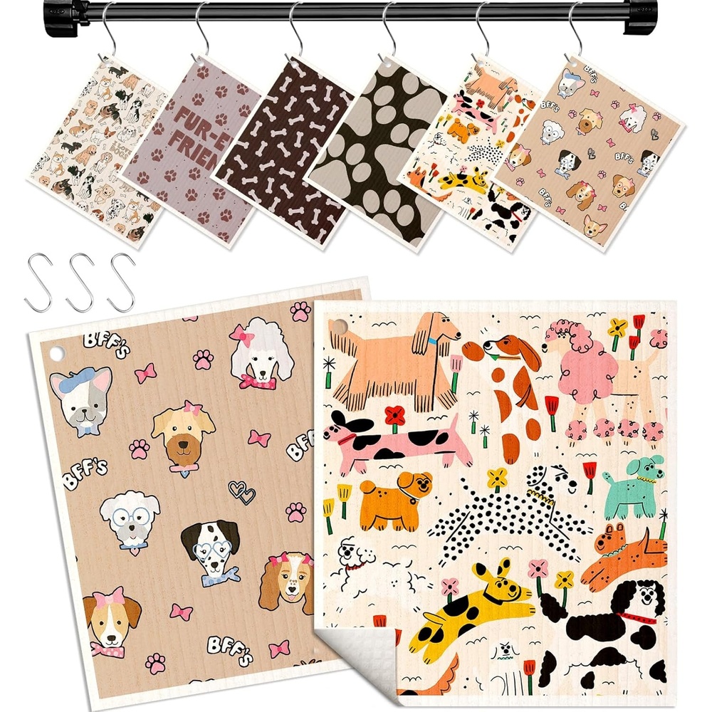 image:imageMiss Adola Kitchen Swedish Dishcloths with Hooks 6 Pack Reusable Dish Cloths for Washing Dishes Fast Drying Cute Fun Swedish Dish Towels Washable Cleaning Sponge Brown CoffeeFurry Dog