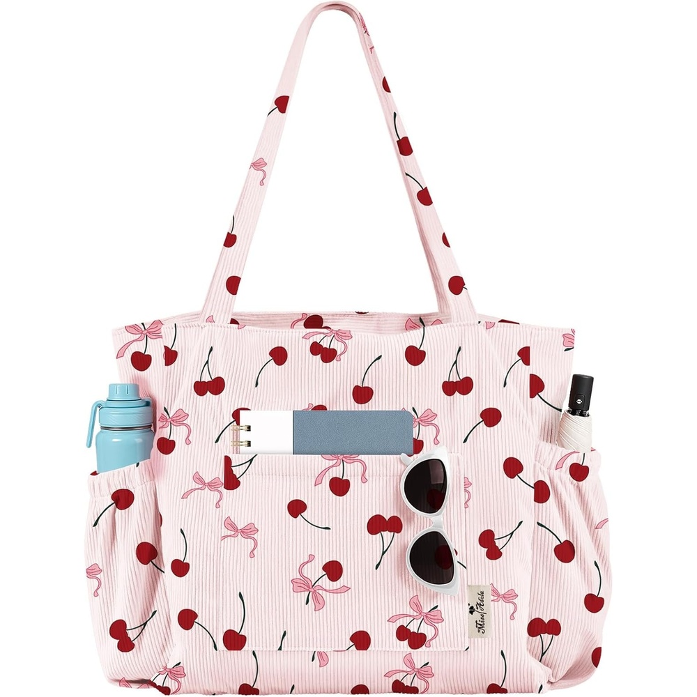 image:imageMiss Adola Large Corduroy Tote Bag for Women Cute Shoulder Reusable Bags with Zipper MultiPocket for SchoolCherry Bow