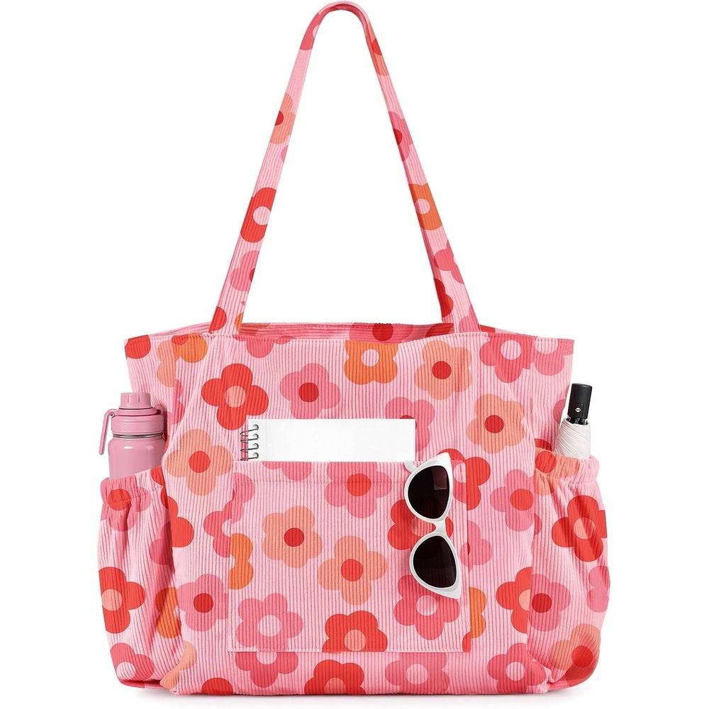 image:imageMiss Adola Large Corduroy Tote Bag for Women Cute Shoulder Reusable Bags with Zipper MultiPocket for SchoolPk Flower