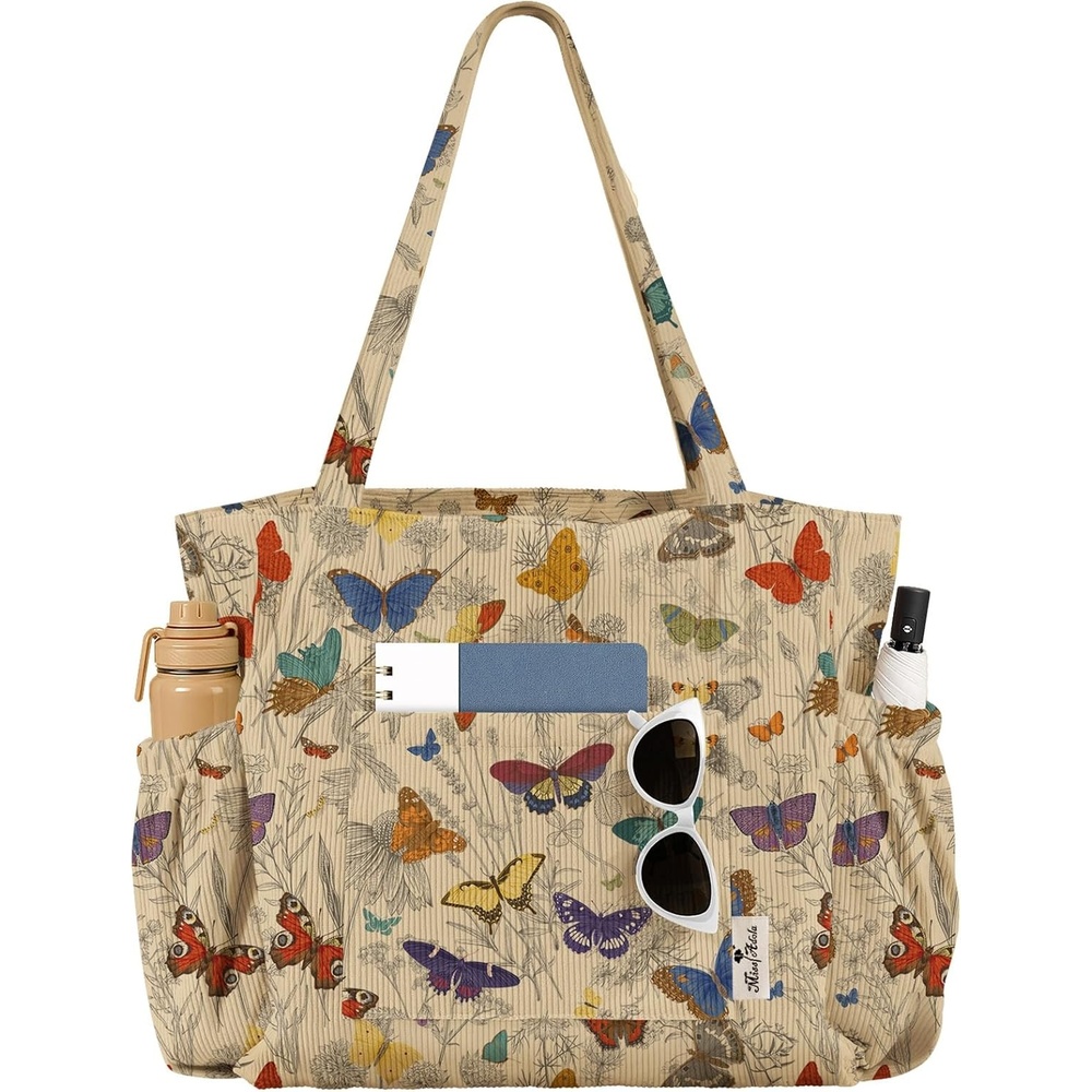 image:imageMiss Adola Large Corduroy Tote Bag for Women Cute Shoulder Reusable Bags with Zipper MultiPocket for SchoolRetro Butterfly Flower
