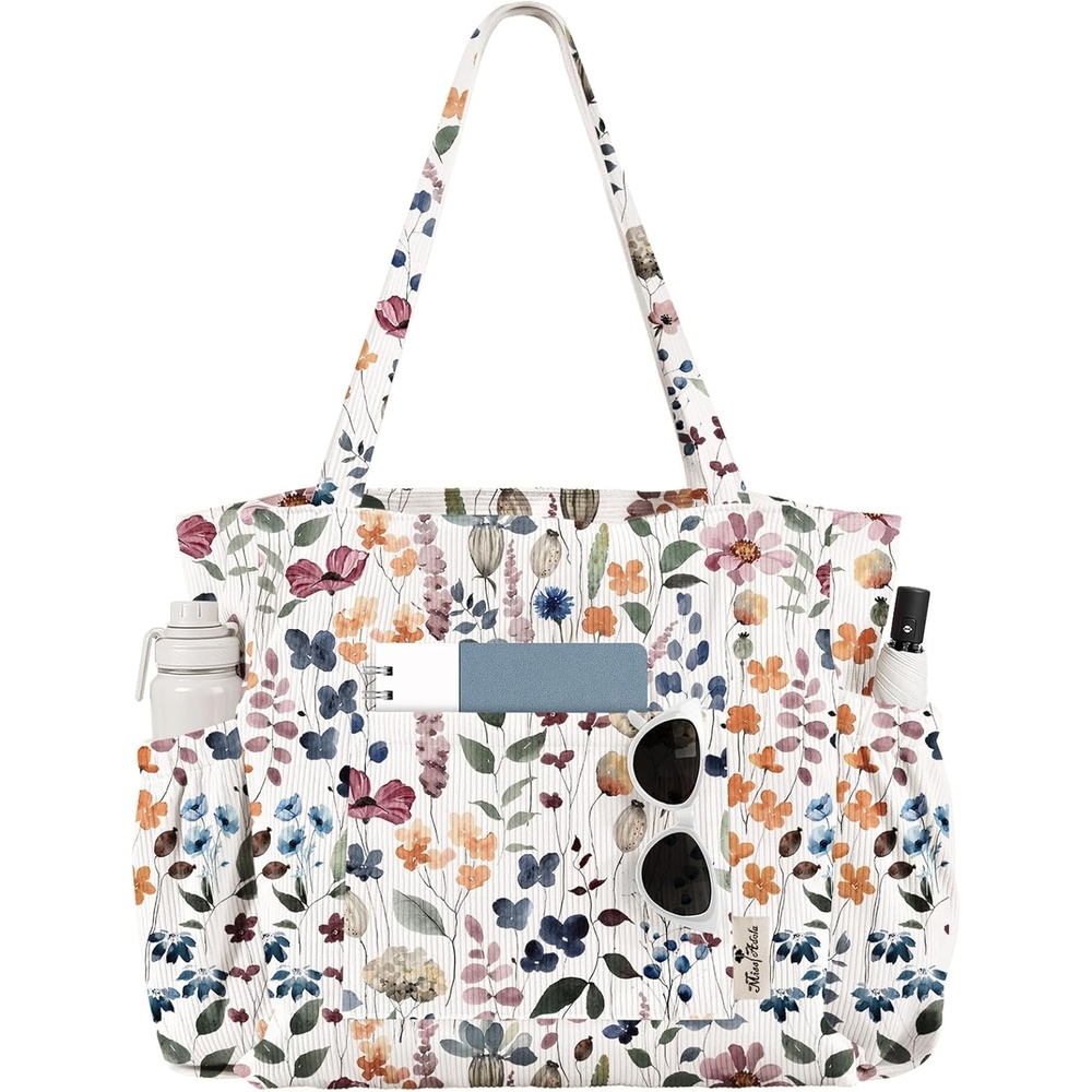 image:imageMiss Adola Large Corduroy Tote Bag for Women Cute Shoulder Reusable Bags with Zipper MultiPocket for SchoolWatercolor Wildflower