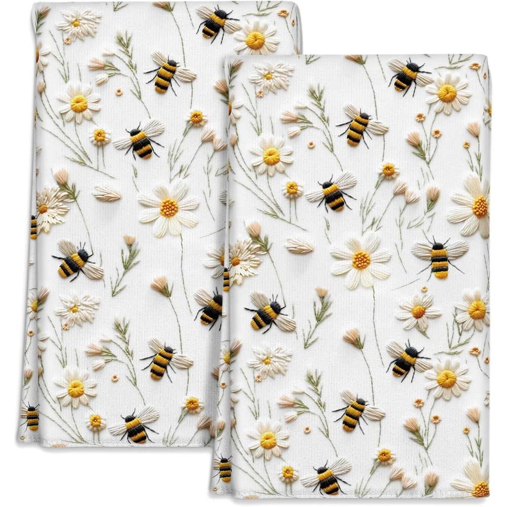 image:imageMiss Adola Microfiber Kitchen Towels Set of 2 Dish Towels for Kitchen 18 x 26 Inch Home Decoration Red Flower Grass Cute Spring Hand Towels Soft amp Absorbent Aesthetic DesignWhite Flower Bee