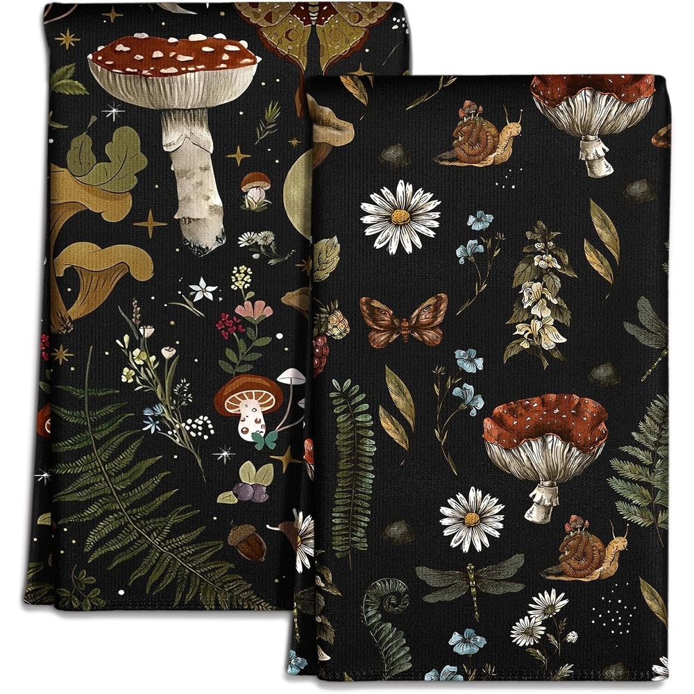 image:imageMiss Adola Microfiber Kitchen Towels Set of 2 Dish Towels for Kitchen 18 x 26 Inch Home Decoration Red Flower Grass Cute Spring Hand Towels Soft amp Absorbent Aesthetic DesignBlack Mushroom