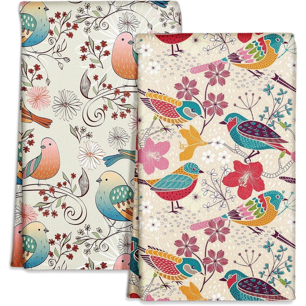 image:imageMiss Adola Microfiber Kitchen Towels Set of 2 Dish Towels for Kitchen 18 x 26 Inch Home Decoration Red Flower Grass Cute Spring Hand Towels Soft amp Absorbent Aesthetic DesignFloral Bird