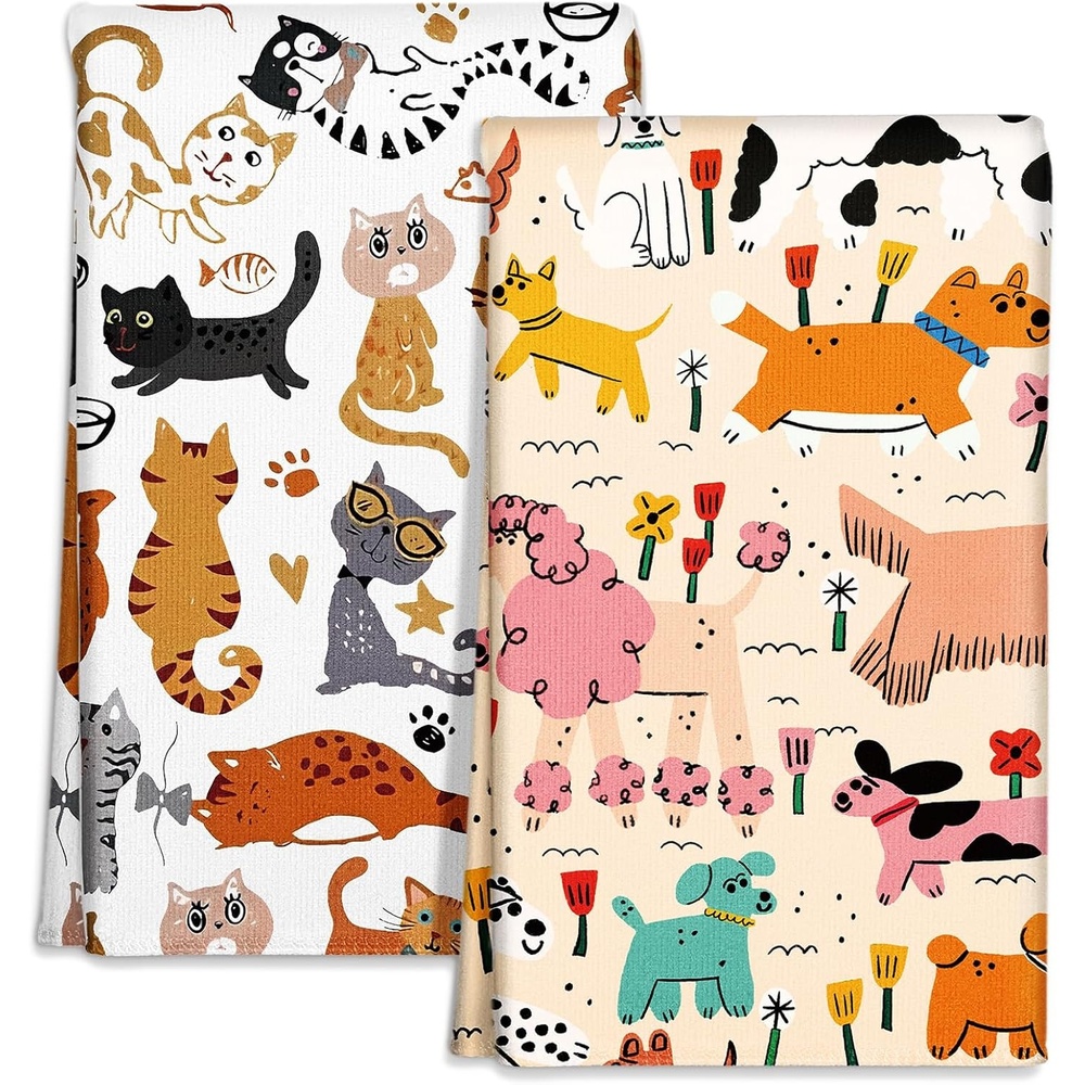 image:imageMiss Adola Microfiber Kitchen Towels Set of 2 Dish Towels for Kitchen 18 x 26 Inch Home Decoration Red Flower Grass Cute Spring Hand Towels Soft amp Absorbent Aesthetic DesignCrayon Dog Cat