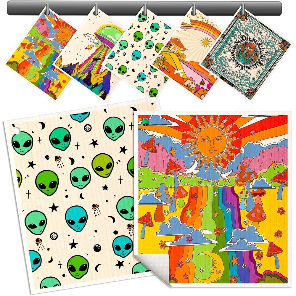 image:imageMiss Adola Swedish Dishcloths for Kitchen 5 Pack Reusable Dish Cloths for Washing Dishes Absorbent Cute Funny Kitchen Towels Cleaning Sponge Animal ForestAlien