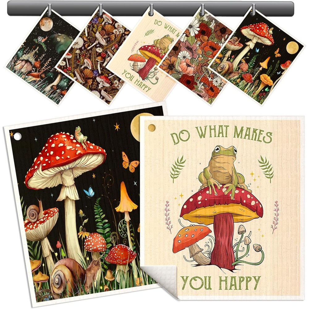 image:imageMiss Adola Swedish Dishcloths for Kitchen 5 Pack Reusable Dish Cloths for Washing Dishes Absorbent Cute Funny Kitchen Towels Cleaning Sponge Animal ForestMushroom Frog