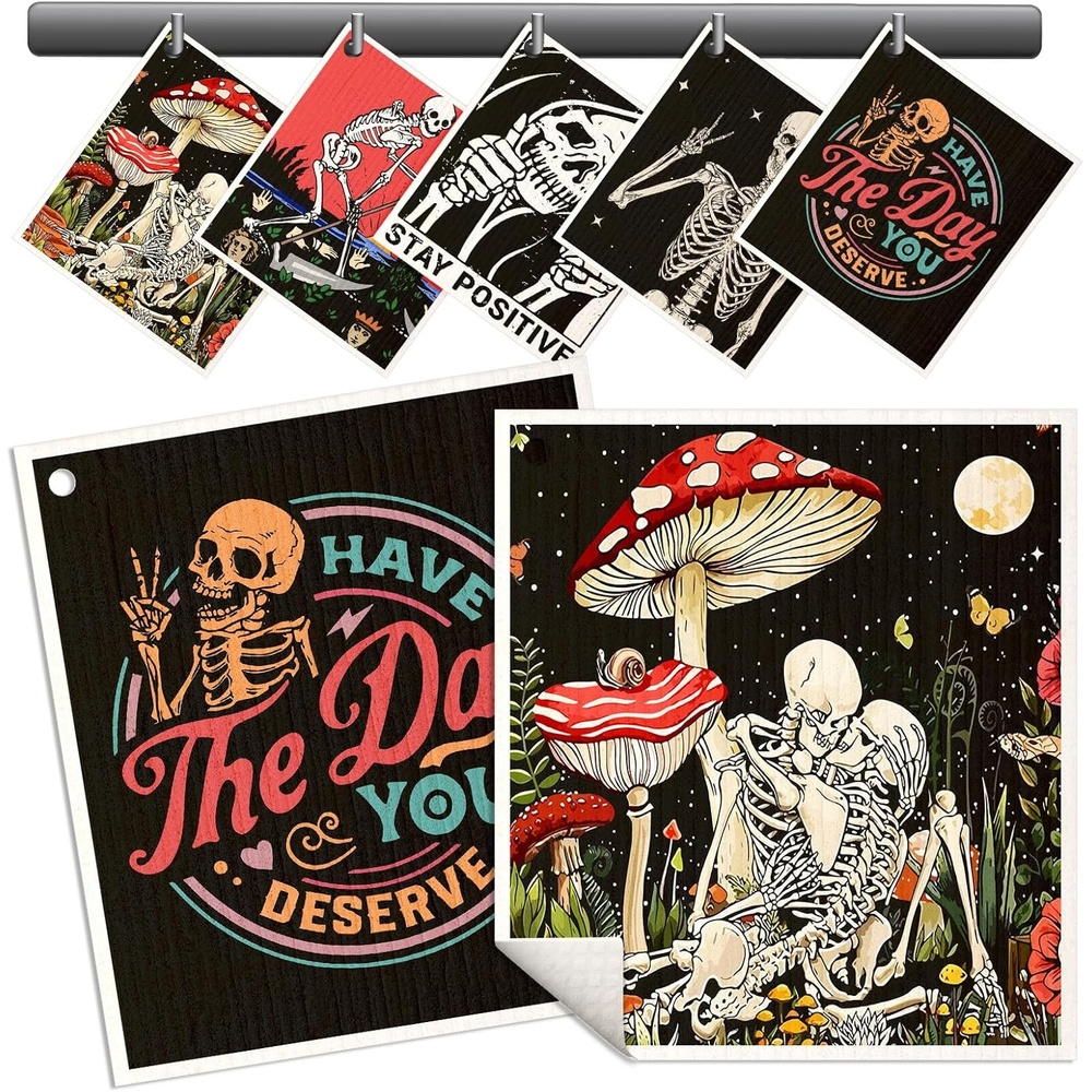 image:imageMiss Adola Swedish Dishcloths for Kitchen 5 Pack Reusable Dish Cloths for Washing Dishes Absorbent Cute Funny Kitchen Towels Cleaning Sponge Animal ForestSkull Pattern