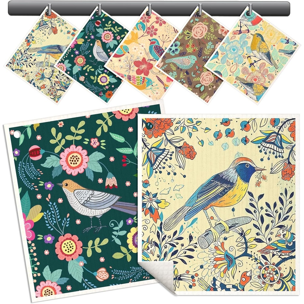 image:imageMiss Adola Swedish Dishcloths for Kitchen 5 Pack Reusable Dish Cloths for Washing Dishes Absorbent Cute Funny Kitchen Towels Cleaning Sponge Animal ForestFlower Bird