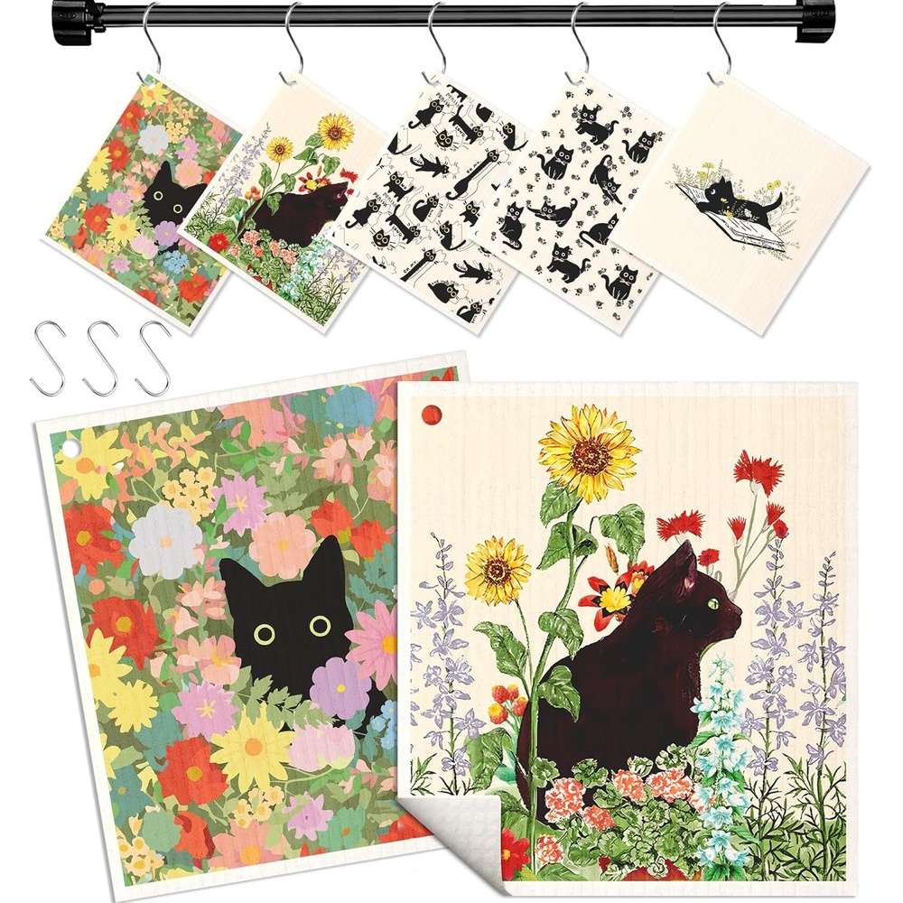 image:imageMiss Adola Swedish Dishcloths for Kitchen with Hooks Reusable Dish Cloths for Washing Dishes Fast Drying Cute Fun 5 Pack Swedish Dish Towels Washable Cleaning Sponge Black CatsBlack Cats