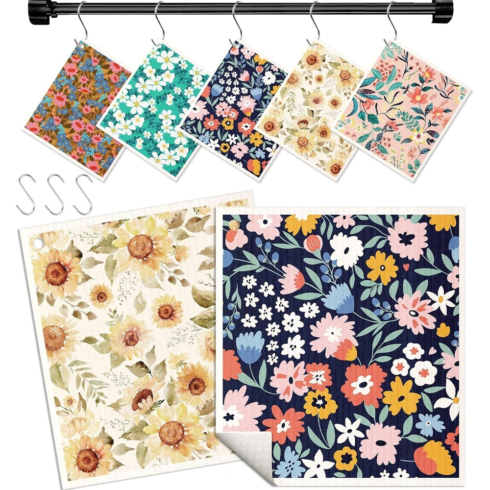 image:imageMiss Adola Swedish Dishcloths for Kitchen with Hooks Reusable Dish Cloths for Washing Dishes Fast Drying Cute Fun 5 Pack Swedish Dish Towels Washable Cleaning Sponge Black CatsColor Floral Cluster