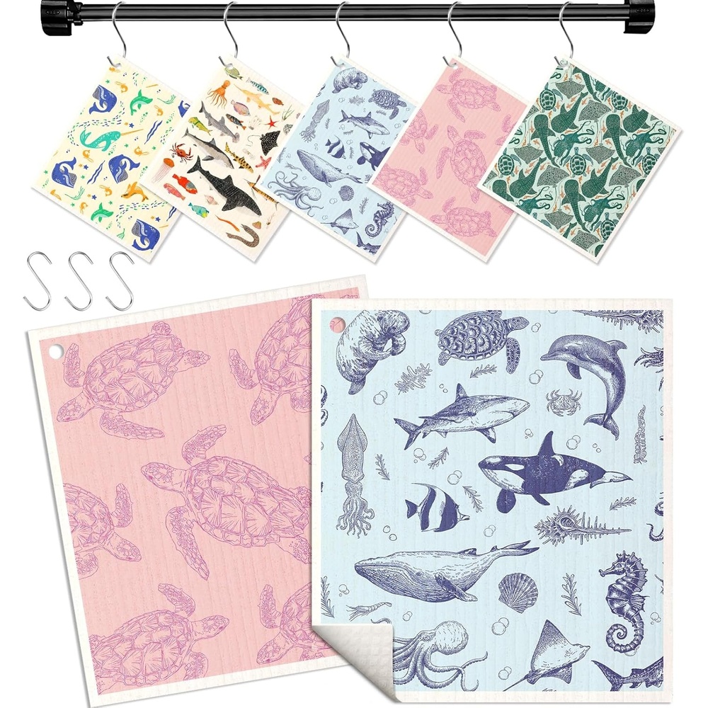 image:imageMiss Adola Swedish Dishcloths for Kitchen with Hooks Reusable Dish Cloths for Washing Dishes Fast Drying Cute Fun 5 Pack Swedish Dish Towels Washable Cleaning Sponge Black CatsDeep Sea Fish