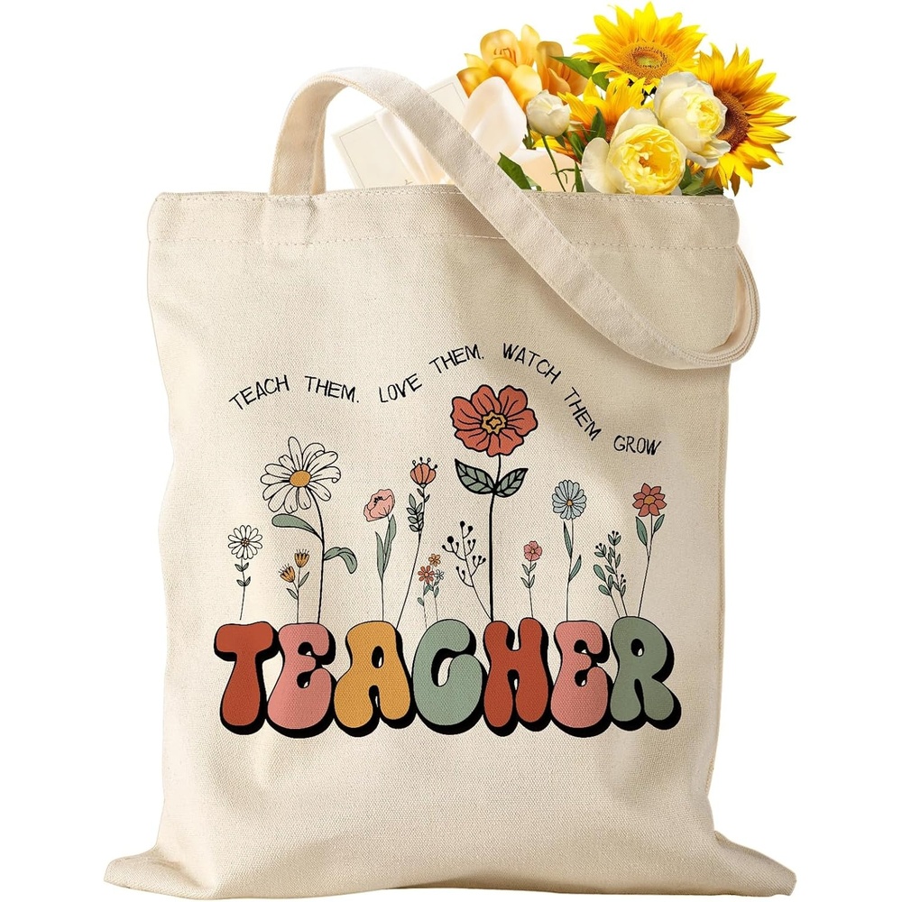 image:imageMiss Adola Teacher Tote Bag Aesthetic Cute Women Canvas Tote Bag Teacher Appreciation Resuable Shoulder Bag for DailyTeacher Flowers