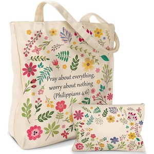 image:imageMiss Adola 2 Pack Canvas Tote Bag  with Makeup Pouch Aesthetic Cute Women Reusable Canvas Bag for Shopping Work TravelBible Blossoms