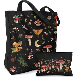 image:imageMiss Adola 2 Pack Canvas Tote Bag  with Makeup Pouch Aesthetic Cute Women Reusable Canvas Bag for Shopping Work TravelBlack Mushroom
