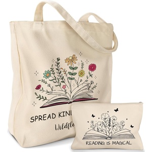 image:imageMiss Adola 2 Pack Canvas Tote Bag  with Makeup Pouch Aesthetic Cute Women Reusable Canvas Bag for Shopping Work TravelBooks Blossoms