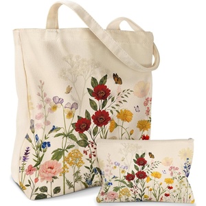 image:imageMiss Adola 2 Pack Canvas Tote Bag  with Makeup Pouch Aesthetic Cute Women Reusable Canvas Bag for Shopping Work TravelNew Retro Flowers
