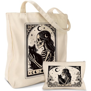 image:imageMiss Adola 2 Pack Canvas Tote Bag  with Makeup Pouch Aesthetic Cute Women Reusable Canvas Bag for Shopping Work TravelSkull Cats