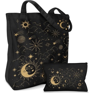 image:imageMiss Adola 2 Pack Canvas Tote Bag  with Makeup Pouch Aesthetic Cute Women Reusable Canvas Bag for Shopping Work TravelSun Moon Sign