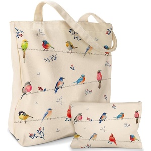 image:imageMiss Adola 2 Pack Canvas Tote Bag  with Makeup Pouch Aesthetic Cute Women Reusable Canvas Bag for Shopping Work TravelWatercolor Bird