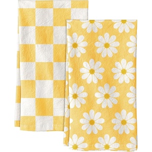 image:imageMiss Adola 2 Pack Flour Sack Kitchen Towels  16x26 Inch Cotton Dish Towels with Hanging Loop Reusable Geometric Boho Modern Retro Tea Towel Absorbent Dishcloths Home Decor Beige Checkered FlowerYellow Daisy