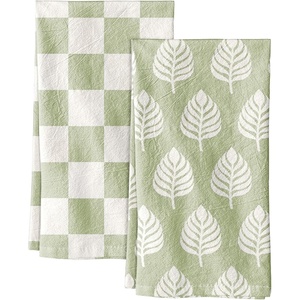 image:imageMiss Adola 2 Pack Flour Sack Kitchen Towels  16x26 Inch Cotton Dish Towels with Hanging Loop Reusable Geometric Boho Modern Retro Tea Towel Absorbent Dishcloths Home Decor Beige Checkered FlowerGreen Leaf