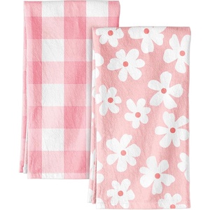 image:imageMiss Adola 2pcs Flour Sack Kitchen Towels  18x 26 Cotton Kitchen Hand Towels with Hanging Loop Reusable Geometric Girly Plaid Floral Tea Towel Absorbent Dishcloths Home Decor Pink FlowerPink Flowers