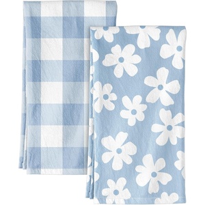image:imageMiss Adola 2pcs Flour Sack Kitchen Towels  18x 26 Cotton Kitchen Hand Towels with Hanging Loop Reusable Geometric Girly Plaid Floral Tea Towel Absorbent Dishcloths Home Decor Pink FlowerBaby Blue
