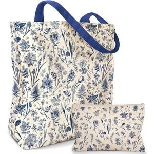 image:imageMiss Adola Aesthetic 2 Pack Canvas Tote Bag  with Makeup Pouch Bag for Women Reusable Grocery Bag for Gym Travel WorkBlue Line Flower