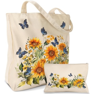 image:imageMiss Adola Aesthetic 2 Pack Canvas Tote Bag  with Makeup Pouch Bag for Women Reusable Grocery Bag for Gym Travel WorkButterfly Sunflower