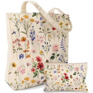image:imageMiss Adola Aesthetic 2 Pack Canvas Tote Bag  with Makeup Pouch Bag for Women Reusable Grocery Bag for Gym Travel WorkRetro Flowers