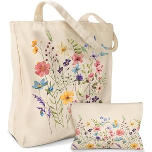 image:imageMiss Adola Aesthetic 2 Pack Canvas Tote Bag  with Makeup Pouch Bag for Women Reusable Grocery Bag for Gym Travel WorkWatercolor Flower