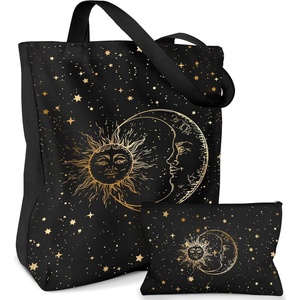 image:imageMiss Adola Aesthetic 2 Pack Canvas Tote Bag  with Makeup Zipper Pouch for Women Bag for Shopping Gym Travel VacationBlack Sun Moon