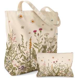 image:imageMiss Adola Aesthetic 2 Pack Canvas Tote Bag  with Makeup Zipper Pouch for Women Bag for Shopping Gym Travel VacationFlower Grass