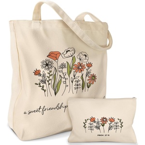 image:imageMiss Adola Aesthetic 2 Pack Canvas Tote Bag  with Makeup Zipper Pouch for Women Bag for Shopping Gym Travel VacationFriendship Flower
