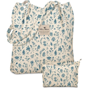 image:imageMiss Adola Aesthetic 2 Pack Corduroy Tote Bag  with Makeup Pouch Bag for Women Reusable Grocery Bag for Gym Travel WorkBlue Line Flower