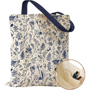 image:imageMiss Adola Aesthetic Canvas Tote Bag with Inner Pocket for Women Cloth Cotton Totes Bag with Pattern for Shopping GymBlue Line Flower