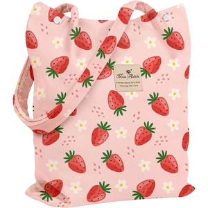 image:imageMiss Adola Corduroy Tote Bag for Women  Reusable Totes with Pocket amp Buckle Cute Aesthetic Shoulder Bag for Work TravelFlower Strawberry