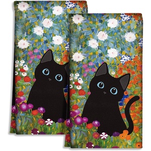 image:imageMiss Adola Cute Kitchen Towels Set of 2  Dish Towels 18 x 26 Inch Microfiber Tea Towel for Home Decorative Black Cat Flower Spring Farmhouse Soft Reusable amp Absorbent Aesthetic Vintage DesignBlack Cat