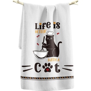 image:imageMiss Adola Dog Funny Kitchen Towels  15x28 Inch Decorative Waffle Microfiber Dish Cloths Cute Absorbent Reusable Hand Tea Towels with Hanging Loop Dachshund Gift for Dog LoversBlack Cat Cooking