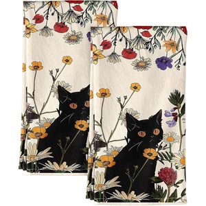 image:imageMiss Adola Flour Sack Kitchen Towels  Set of 2 Spring Dish Towels with Hanging Loop 18x26 Inch Absorbent Reusable Cotton Cloths for Cleaning Cute Design Home Decorative Housewarming Vintage FlowerCat in Grass